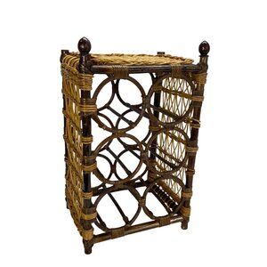 Vintage Rattan Wicker 6 Bottle Wine Rack Holder With Natural Cane Accents